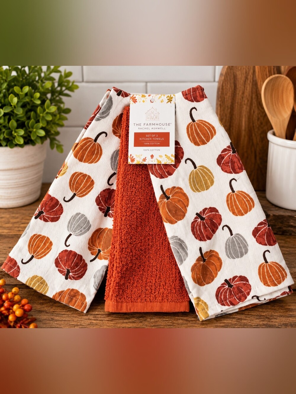 The Farmhouse Rachel Ashwell Pumpkin Kitchen Towel Set - Rust/White